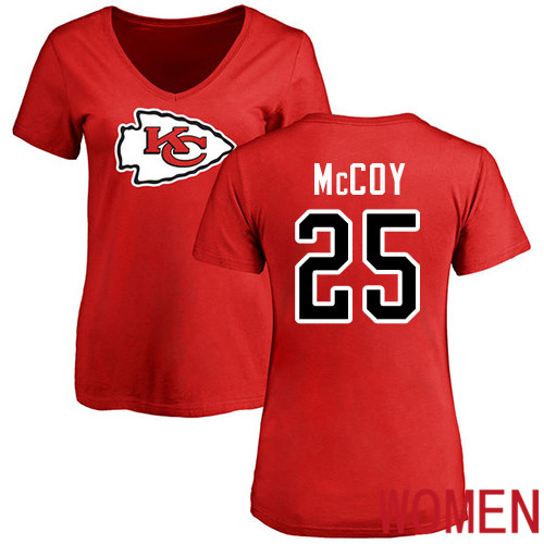 Women Football Kansas City Chiefs #25 McCoy LeSean Red Name and Number Logo Slim Fit T-Shirt